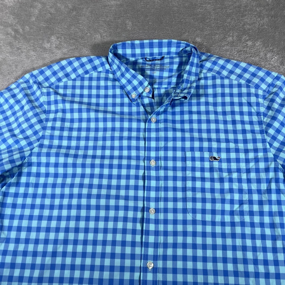 Vineyard Vines On-The-Go Shirt‎ Mens 2XL Blue Gingham Button Down Performance